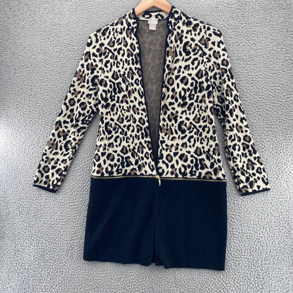 Chicos Sweater Womens 1 US Medium Beige Animal Print Knit Convertible Cardigan